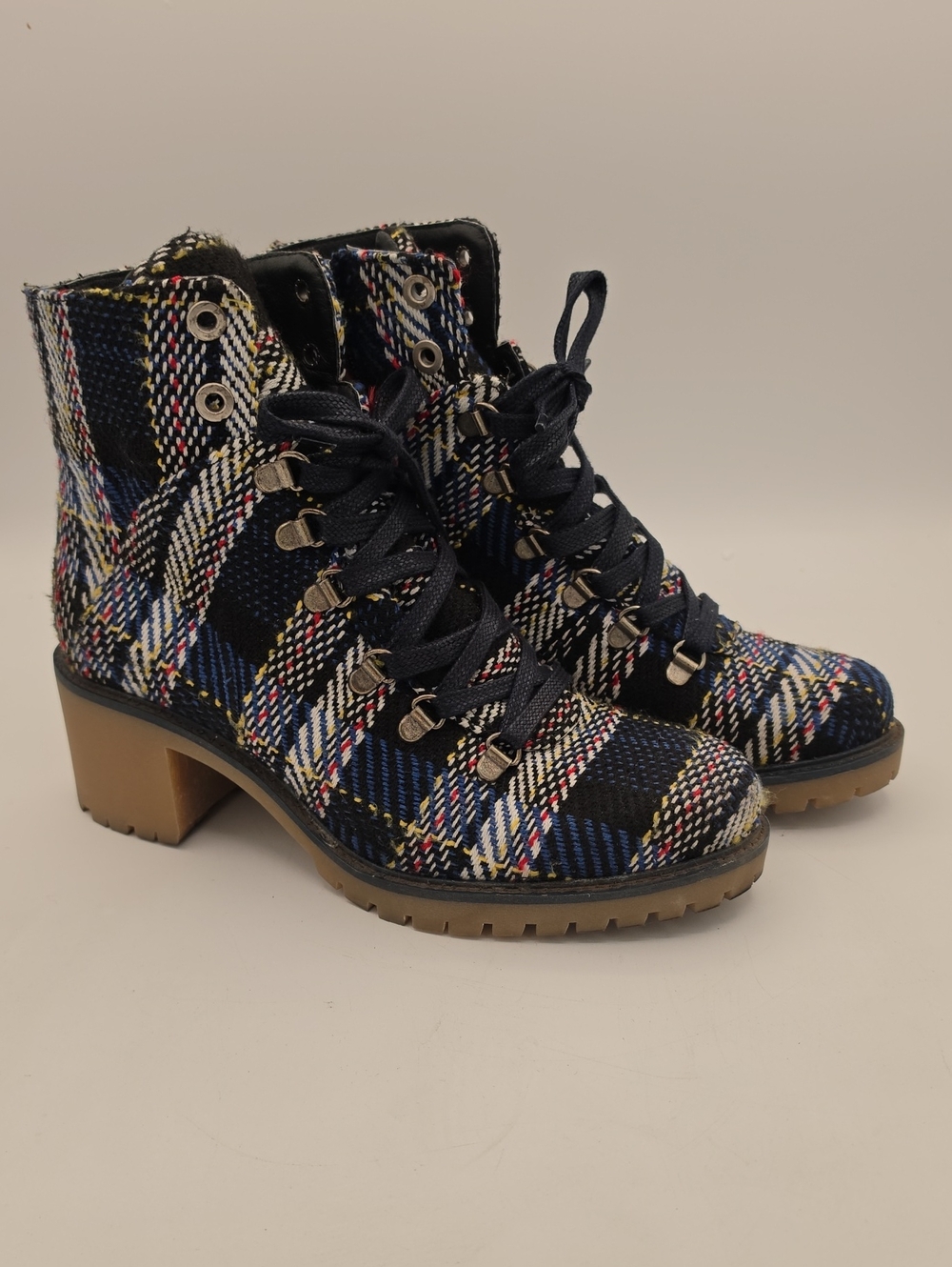 Eric Michael Indigo Navy Plaid Lace-Up Block Heel Ankle Boots